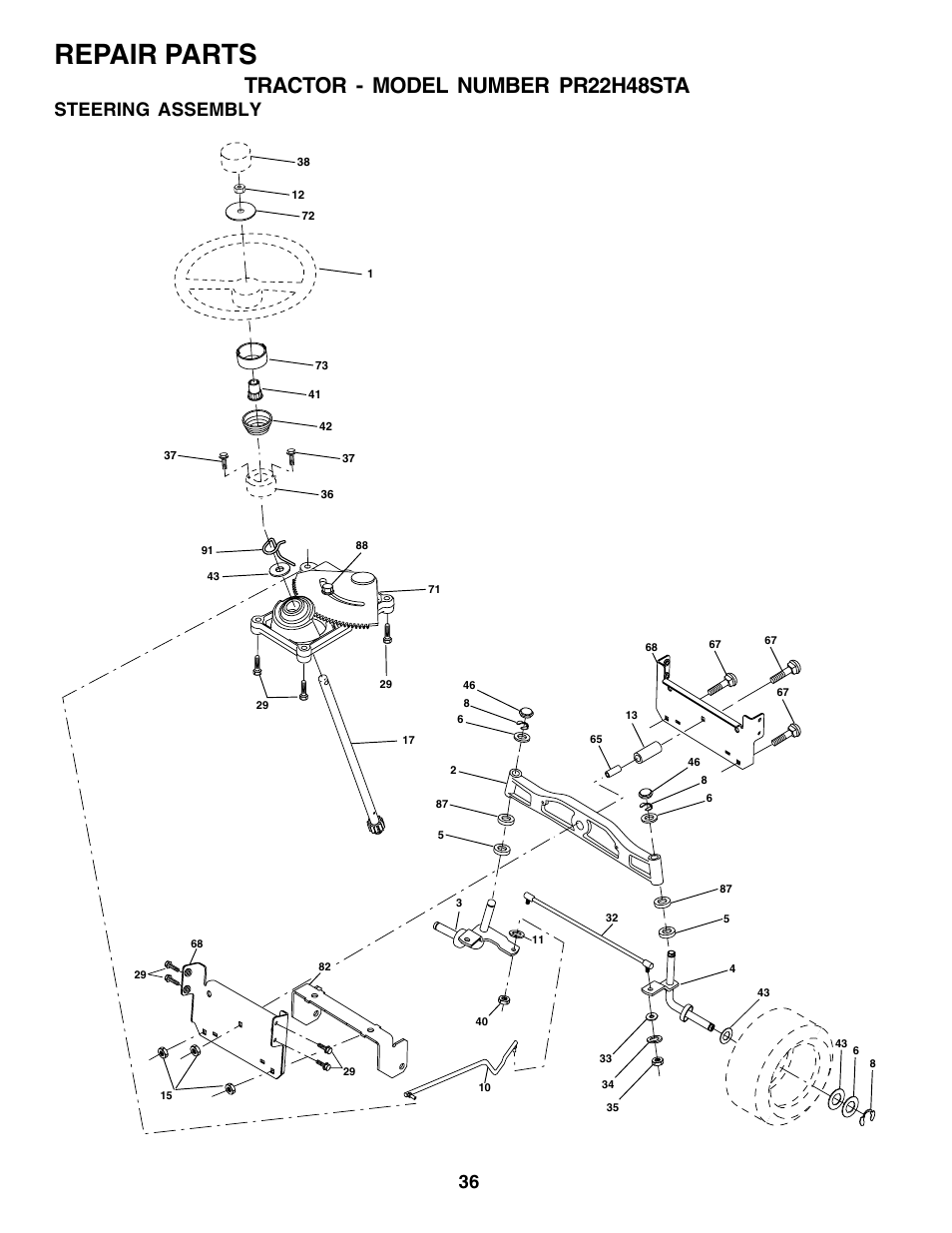 Repair parts, Tractor - model number pr22h48sta, Steering assembly | Poulan 179075 User Manual | Page 36 / 48
