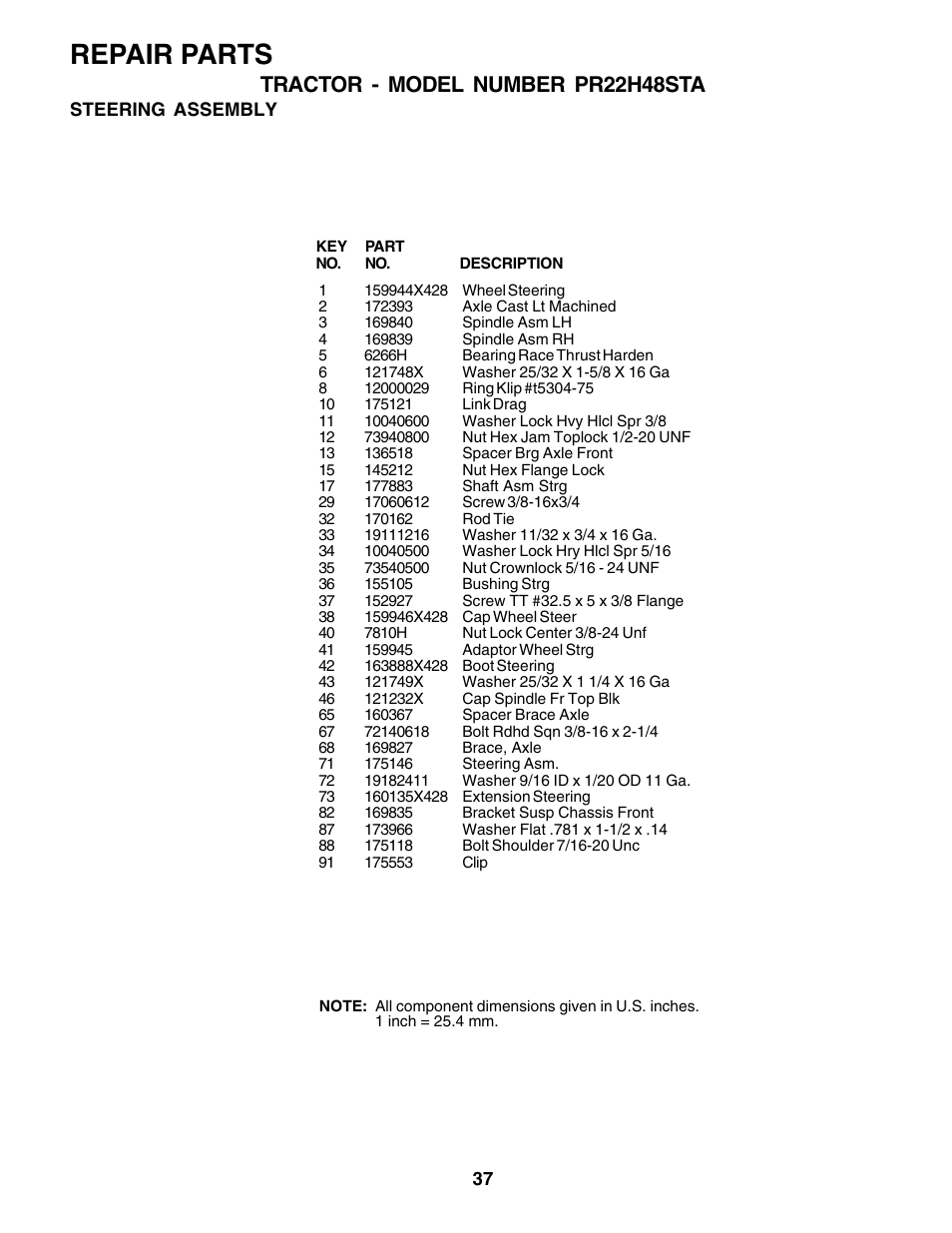 Repair parts, Tractor - model number pr22h48sta | Poulan 179075 User Manual | Page 37 / 48