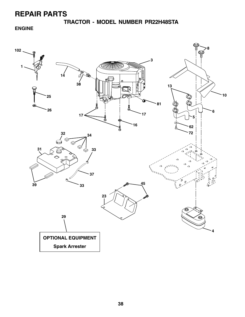 Repair parts, Tractor - model number pr22h48sta | Poulan 179075 User Manual | Page 38 / 48