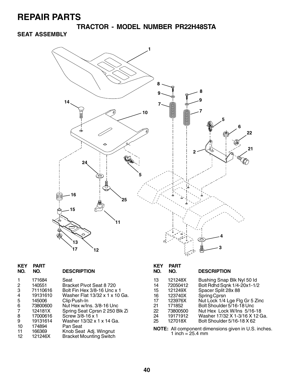 Repair parts, Tractor - model number pr22h48sta | Poulan 179075 User Manual | Page 40 / 48