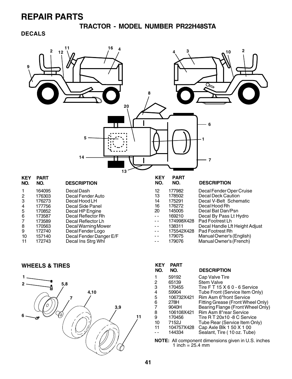 Repair parts, Tractor - model number pr22h48sta | Poulan 179075 User Manual | Page 41 / 48