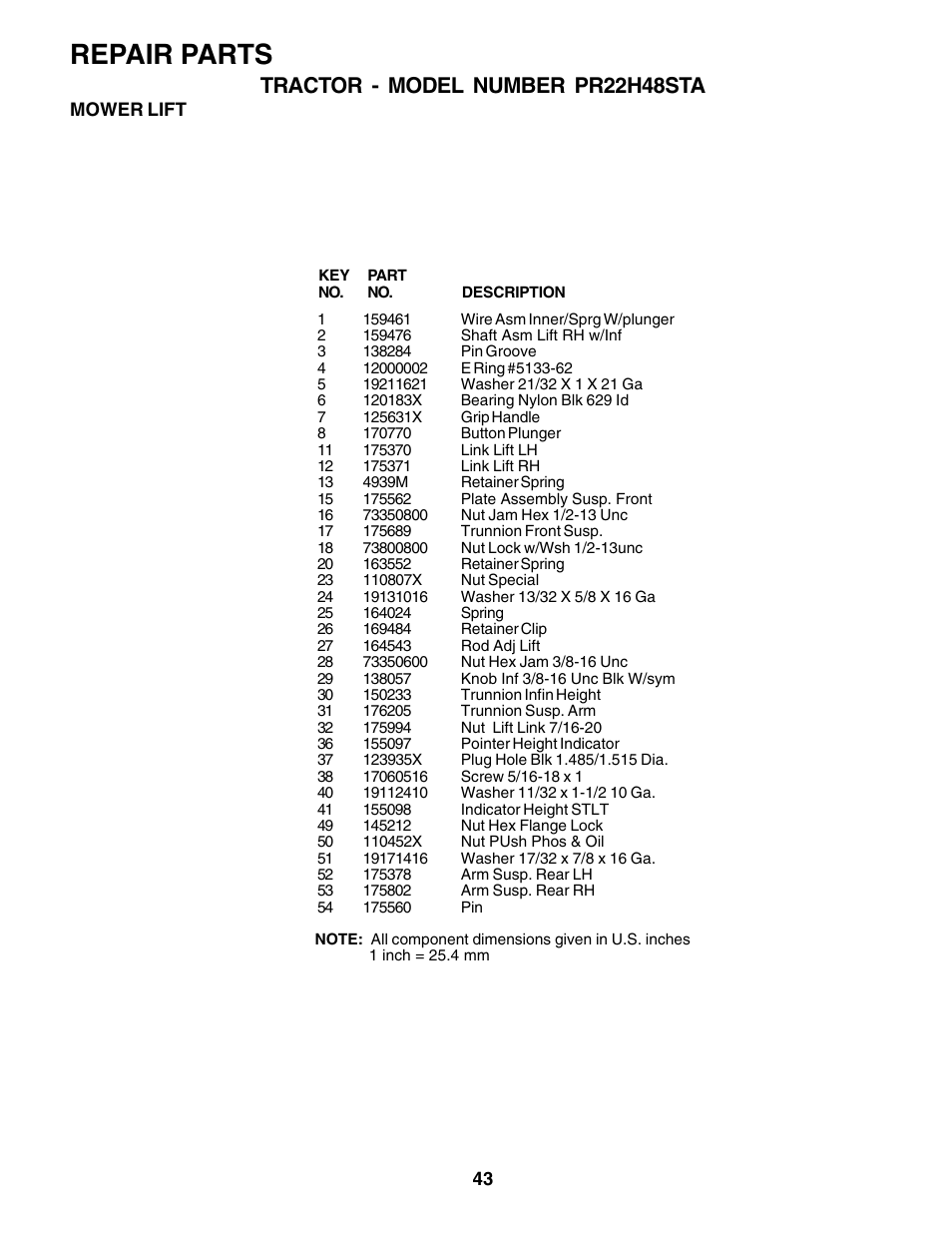 Repair parts, Tractor - model number pr22h48sta | Poulan 179075 User Manual | Page 43 / 48