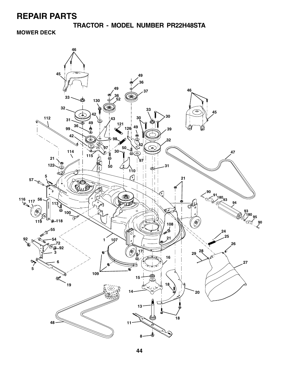 Repair parts, Tractor - model number pr22h48sta, Mower deck | Poulan 179075 User Manual | Page 44 / 48