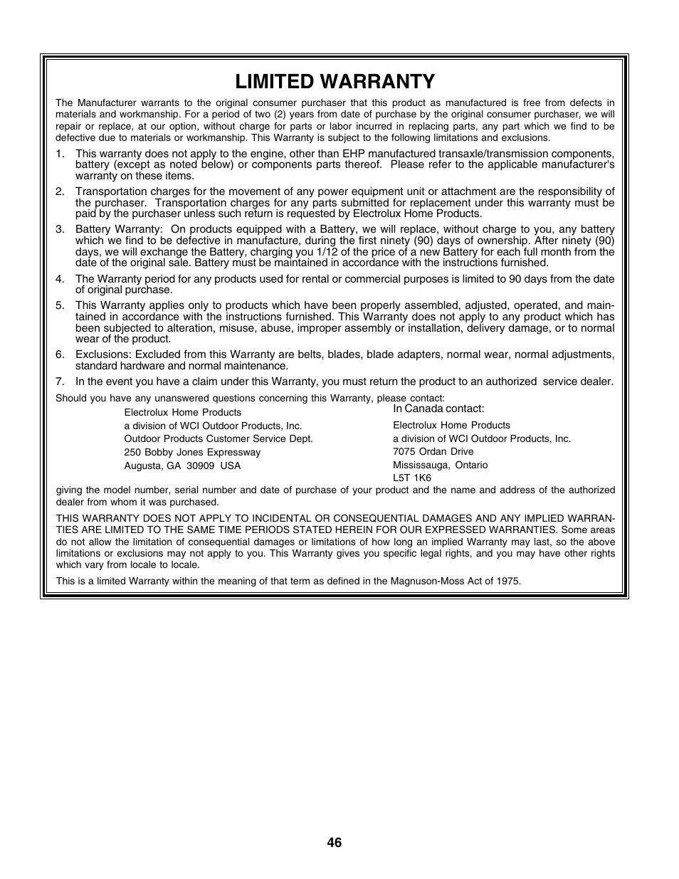 Limited warranty | Poulan 179075 User Manual | Page 46 / 48