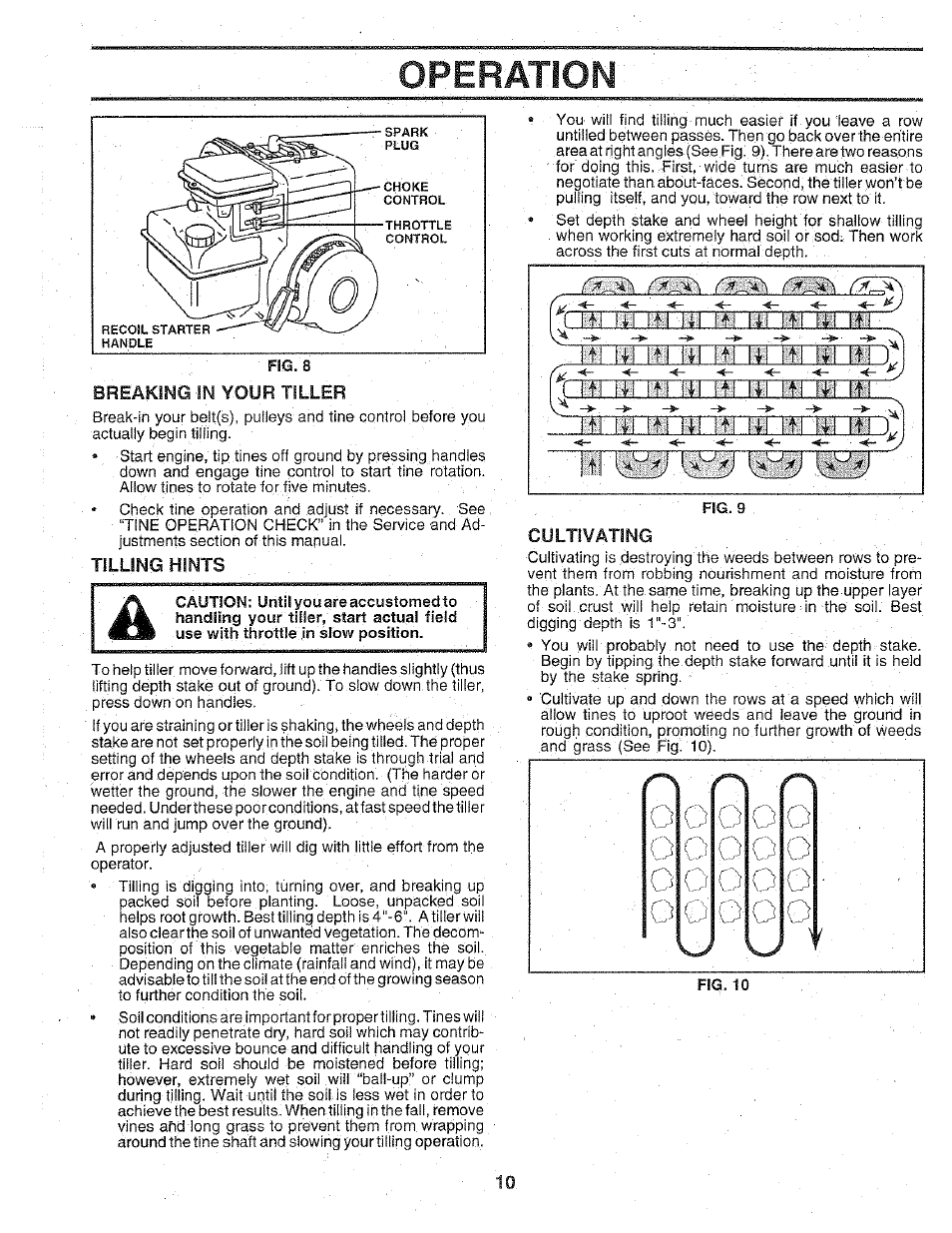Tilling hints, Cultivating, Tiiiing hints | Snsp, Operation | Poulan 156332 User Manual | Page 10 / 24