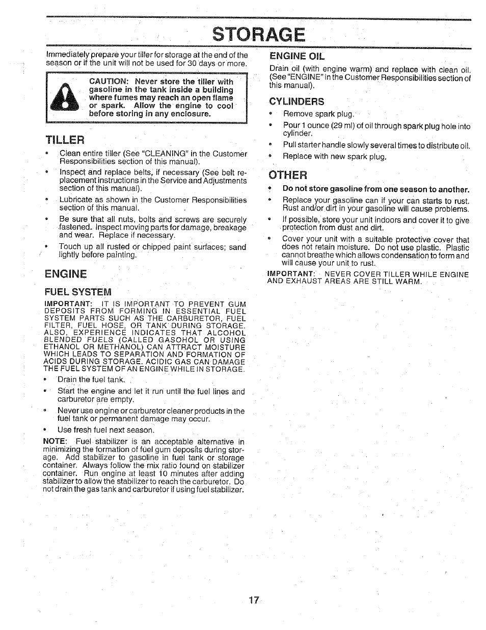 Fuel system, Engine .oil, Cylinders | Other, Tiller, Engine | Poulan 156332 User Manual | Page 17 / 24
