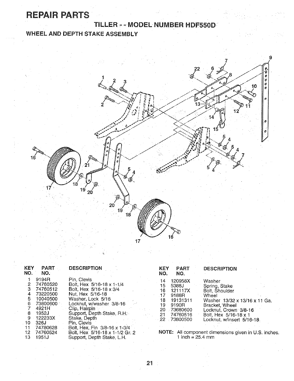 Wheel and depth stake assembly, Repair parts, Tiller ».»^yqoel .my;mbeb h | Poulan 156332 User Manual | Page 21 / 24
