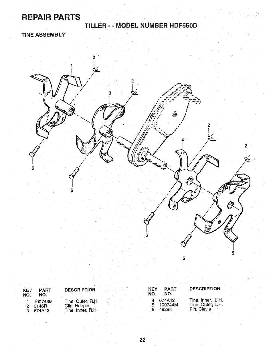 Repair parts, Tiller-* modil number hdf550d, Tine assembly | Poulan 156332 User Manual | Page 22 / 24