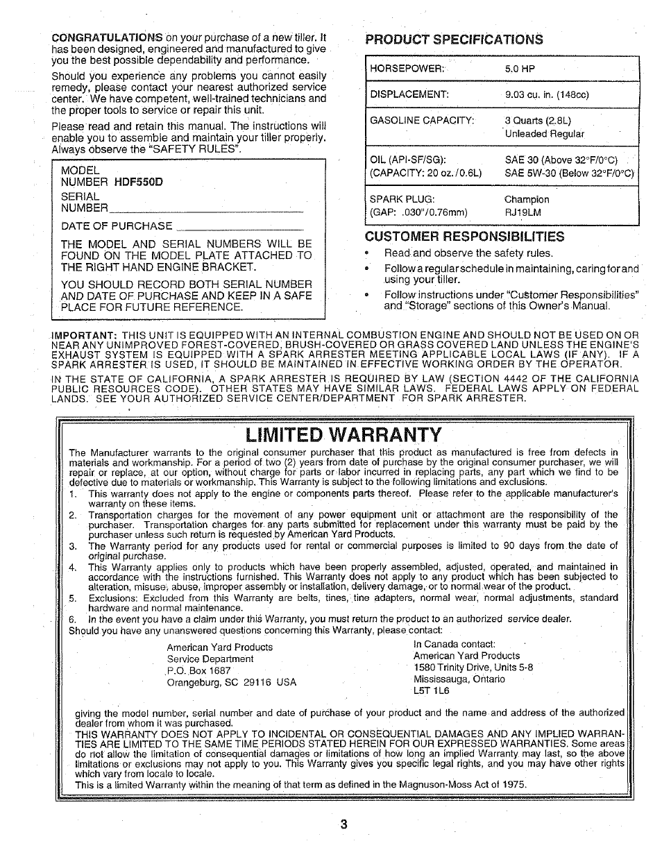 Product specificatioms, Customer responsibilfties, Limited warranty | Poulan 156332 User Manual | Page 3 / 24