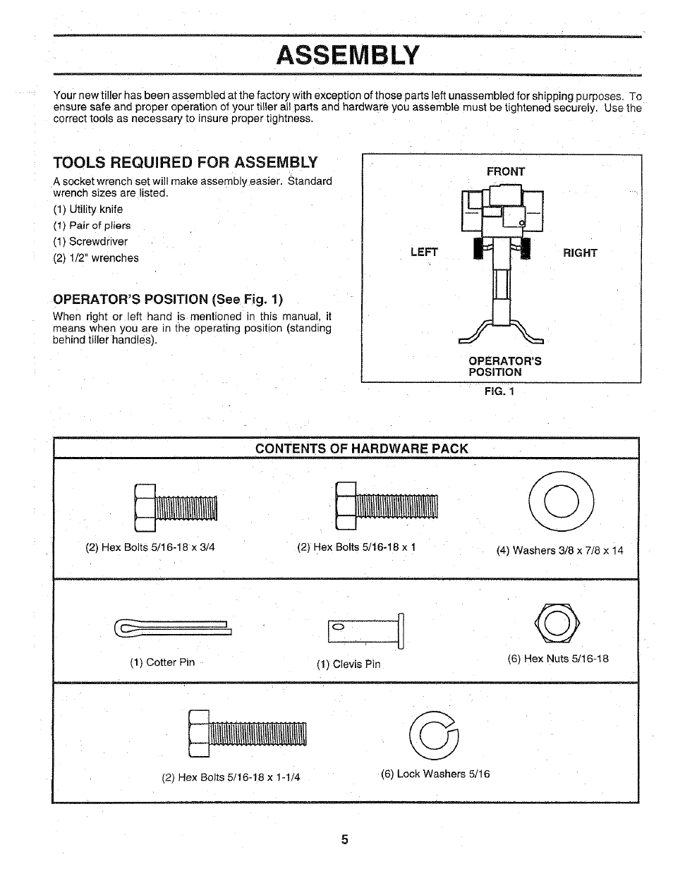 Assembly, Tools required for assembly, Operator’s position (see fig. 1) | Contents of hardware pack | Poulan 156332 User Manual | Page 5 / 24
