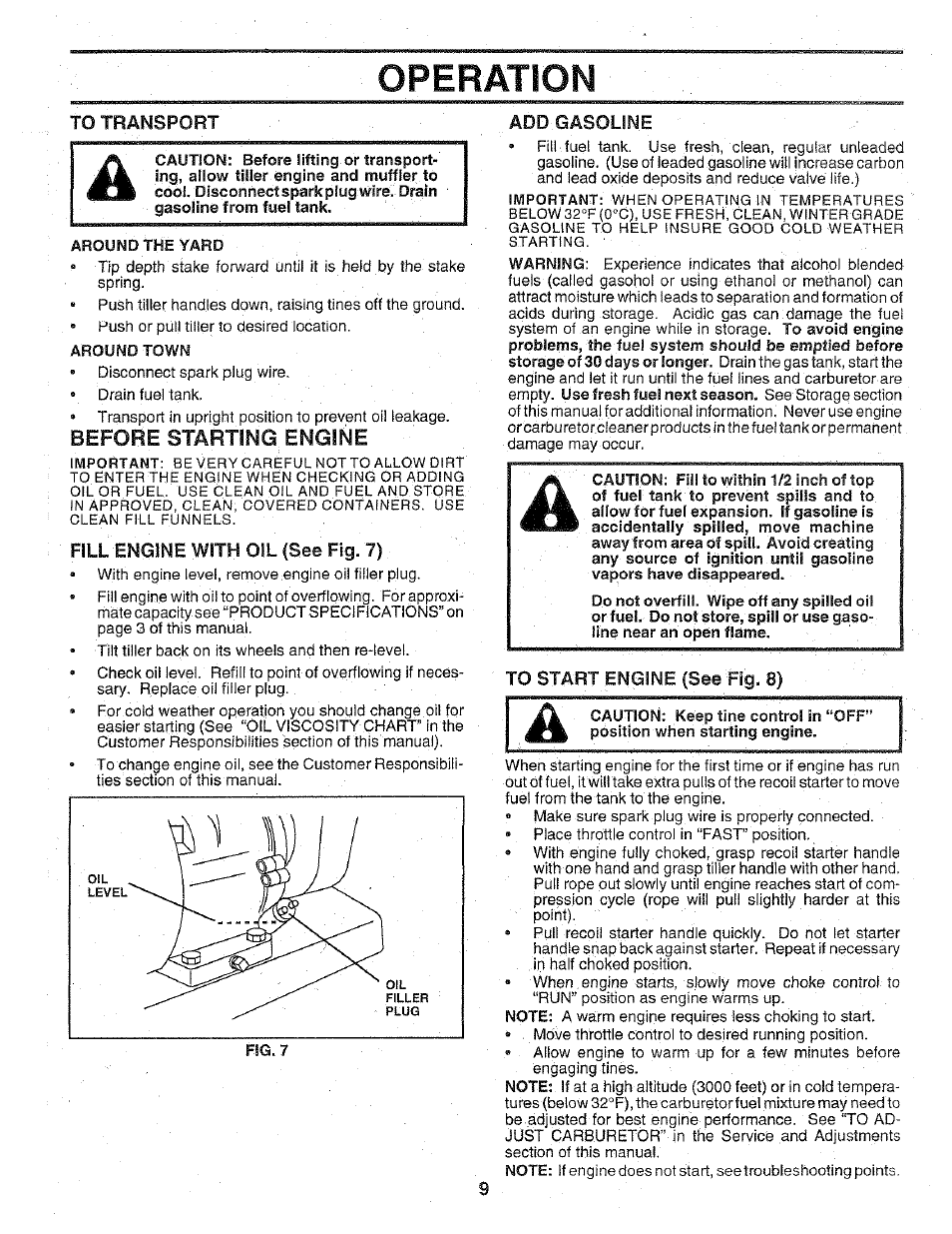 To transport, Before starting. engine, Fill engine with oil (see fig. 7) | Add gasoline, Operation | Poulan 156332 User Manual | Page 9 / 24