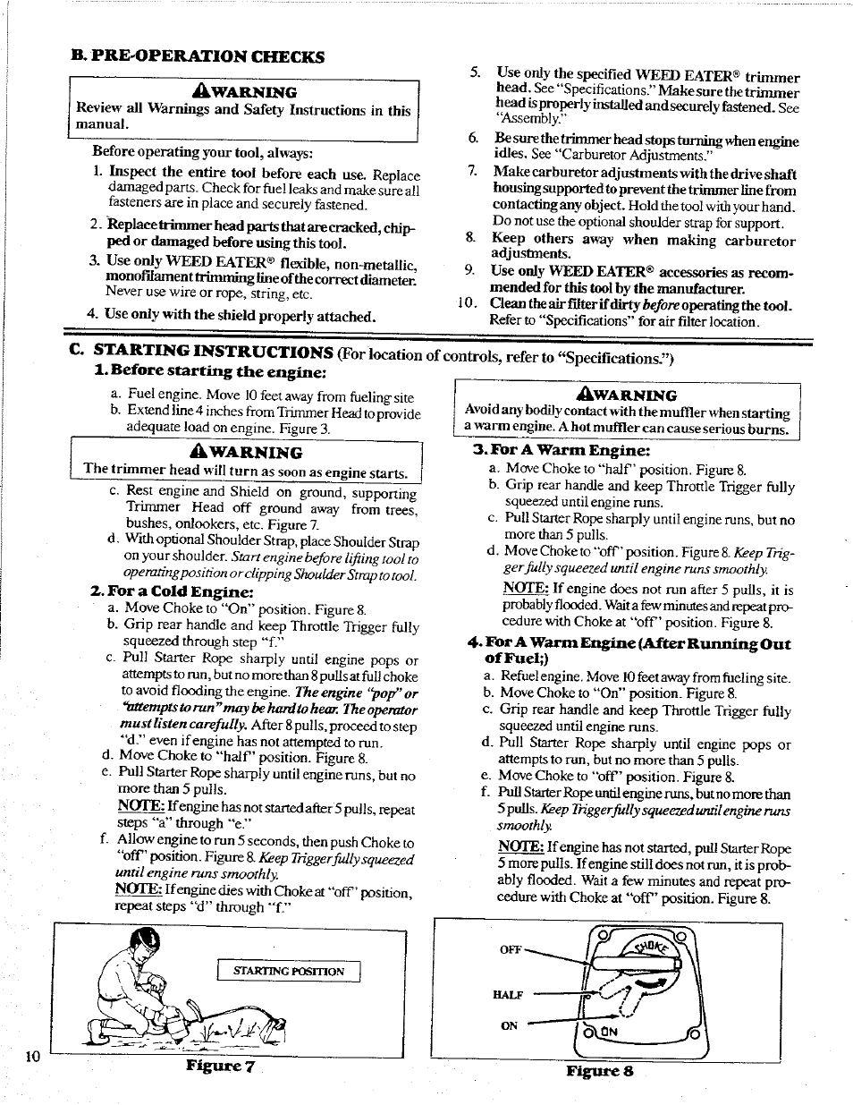 В* pre-operation checks awarning, For a cold engine, For a warm engine | ^r a warm engine (after running out offuei;) | Poulan 1600 User Manual | Page 10 / 24