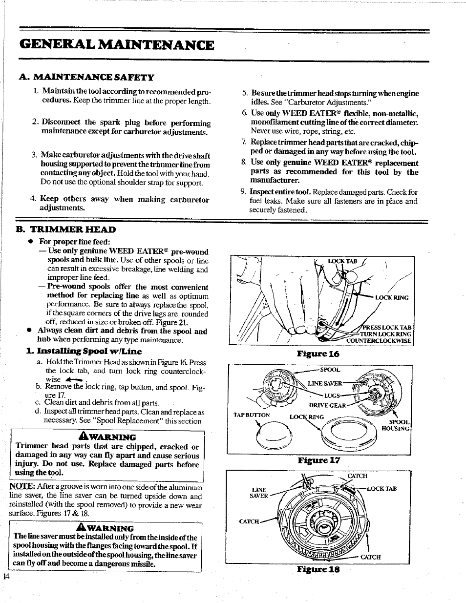 General maintenance, A. maintenance saivrry, B. trimmer head | X, installing spool w/line, A. maintenance safety b. trimmer head | Poulan 1600 User Manual | Page 14 / 24