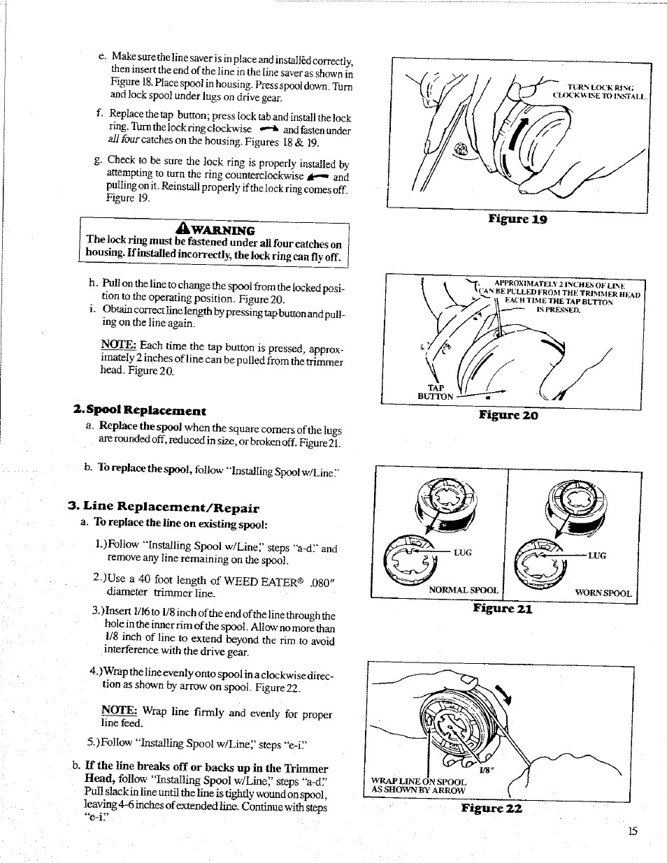 Sp€k>i replacement, Line replacement/repair | Poulan 1600 User Manual | Page 15 / 24