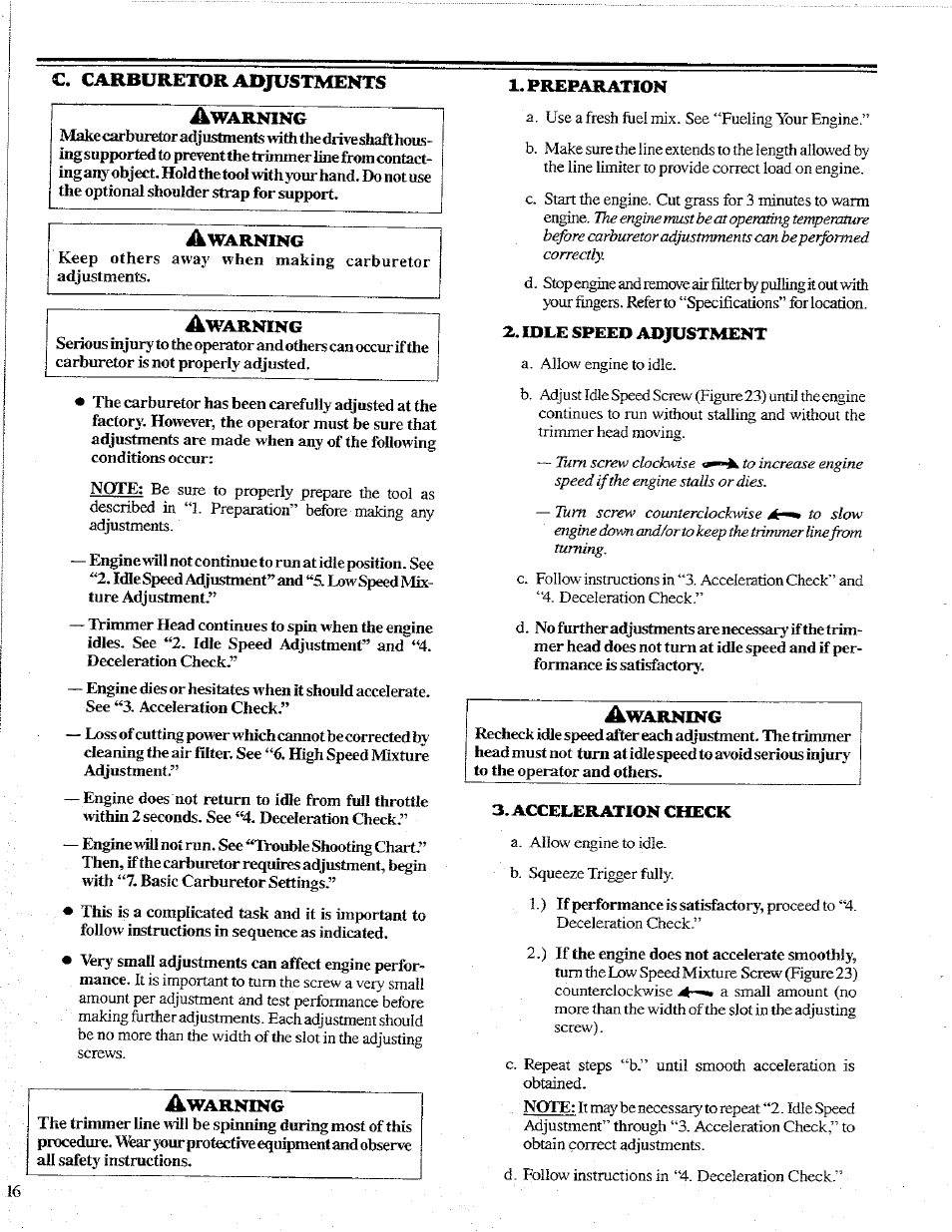 С. carburetor adjustments, Warning, Preparation | Idle speed adjustment, Acceleration check, C. carburetor adjustments | Poulan 1600 User Manual | Page 16 / 24