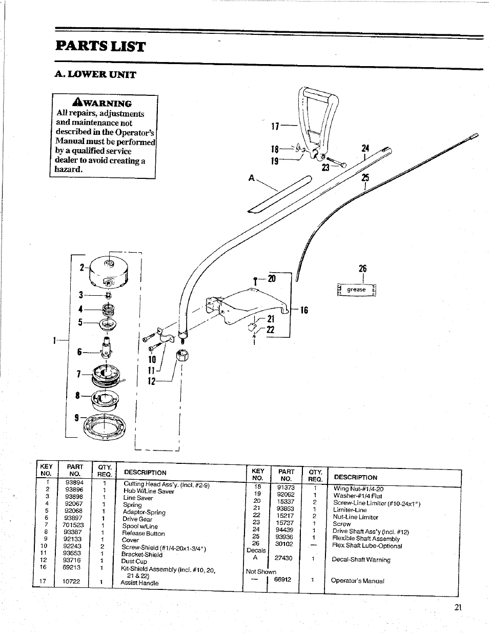 Parts list, Owerunit a | Poulan 1600 User Manual | Page 20 / 24