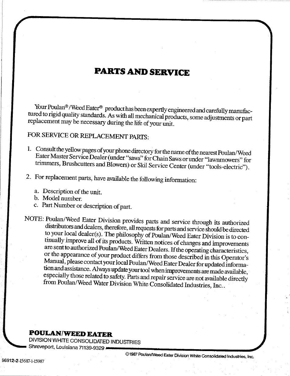 Parts and service, Potnlan/weed eater | Poulan 1600 User Manual | Page 24 / 24