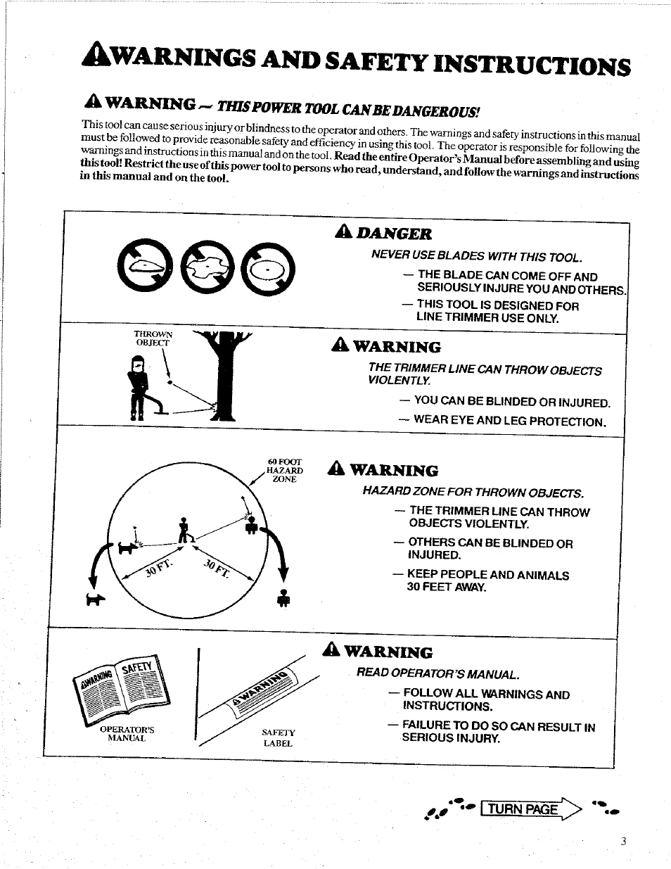 A'waslhisg^ttmpowertoolcanbedangerous, Adanger, A warning | I turnrage, Warnings, Safety, Instructions | Poulan 1600 User Manual | Page 3 / 24