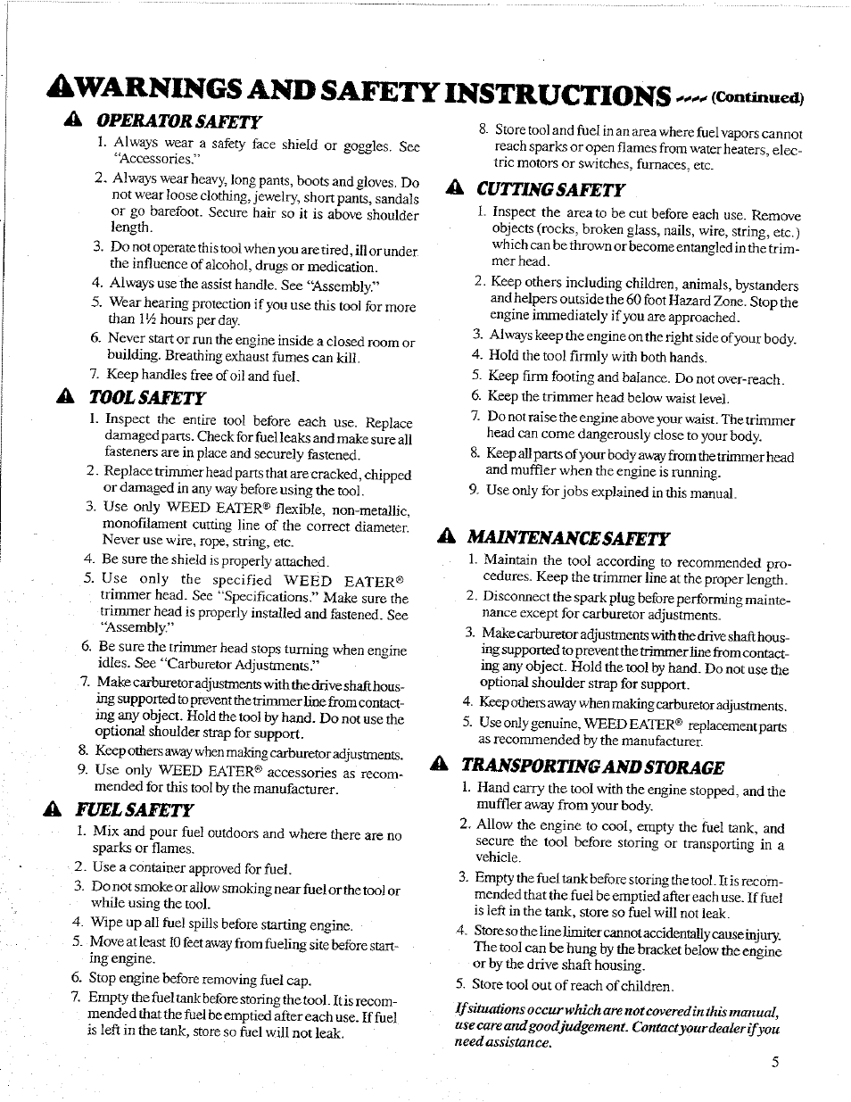 A operator safety, A tool safety, A fuelsafety | A cuttincsafety, A madftenascesafety, A transporimcandstorage, Warnings and safety instructions | Poulan 1600 User Manual | Page 5 / 24