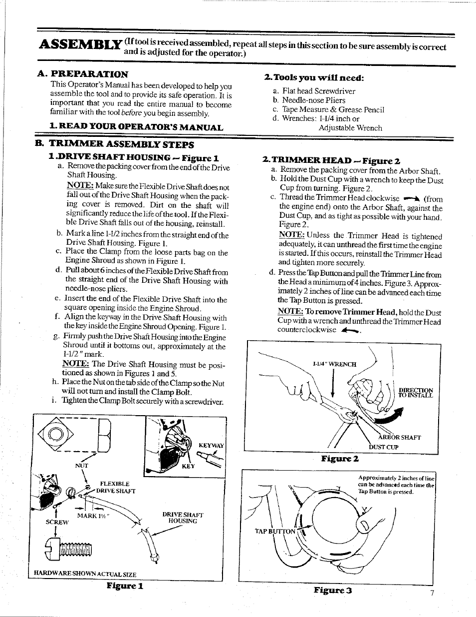 A. preparation, Read your operator's manual, Z. tools you will need | B. trimmer assembly steps, 1 .drive shaft housing -- figure 1, Trimmer head ^ figure 2 | Poulan 1600 User Manual | Page 7 / 24