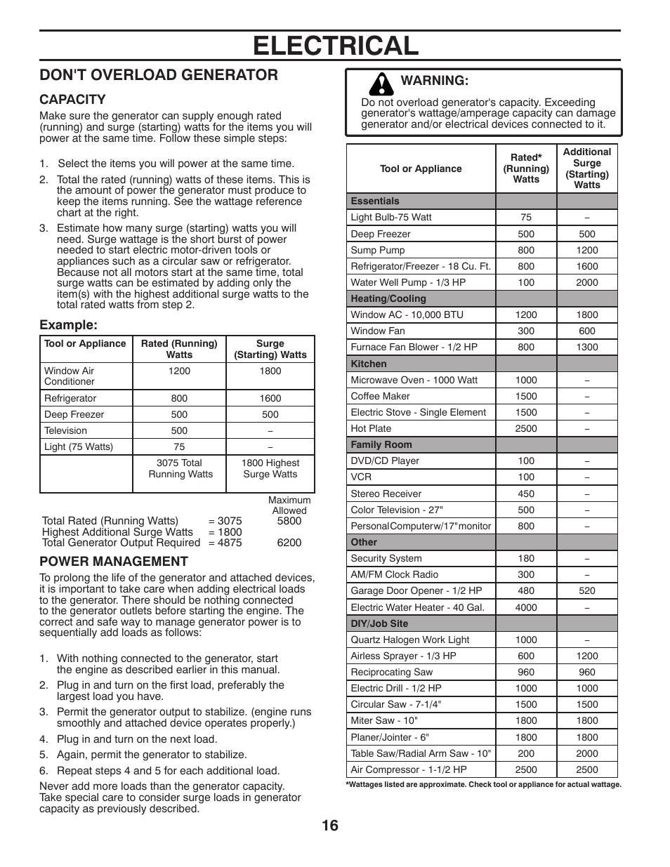 Electrical, Don't overload generator, Capacity | Example, Power management, Warning | Poulan 420077 User Manual | Page 16 / 32