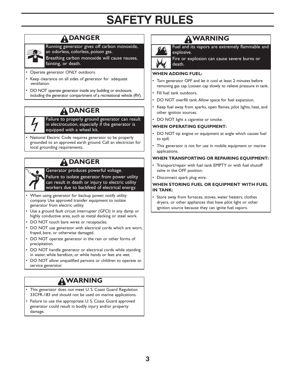 Safety rules, Danger, Warning | Poulan 420077 User Manual | Page 3 / 32