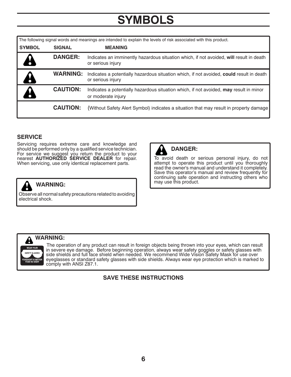 Symbols | Poulan 420077 User Manual | Page 6 / 32