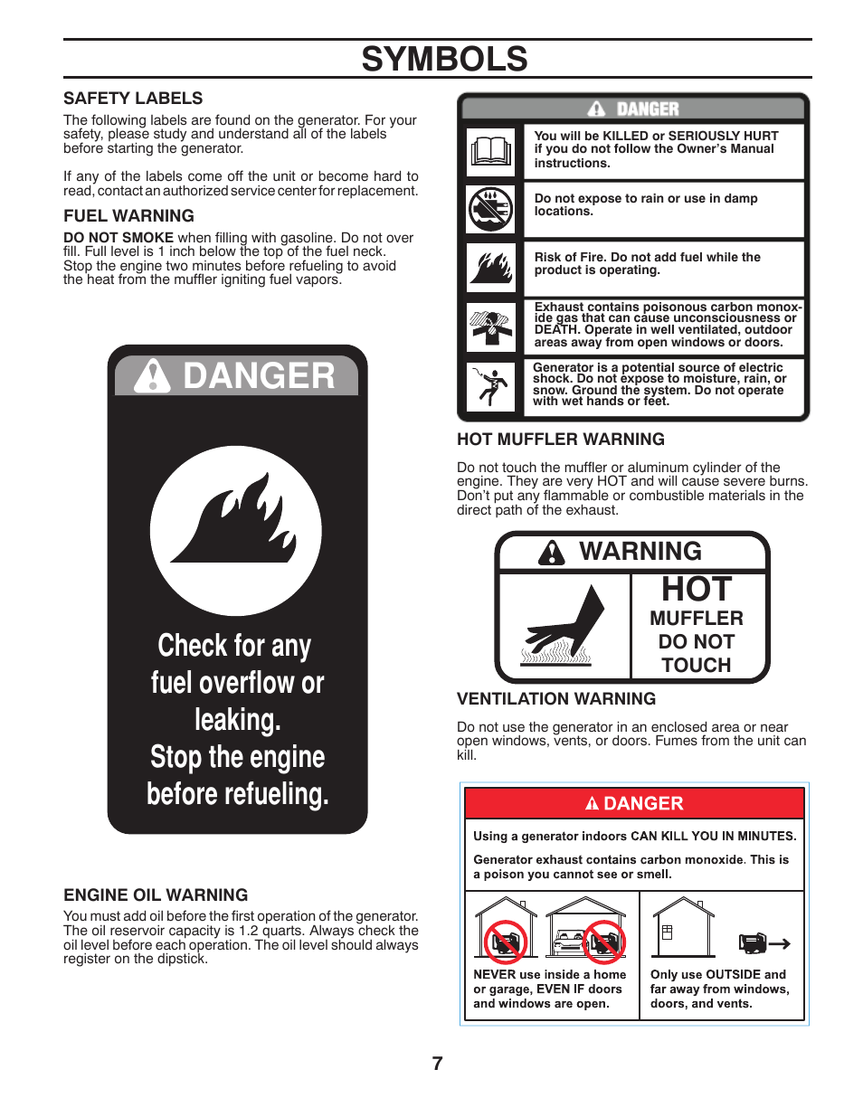 Symbols, Warning | Poulan 420077 User Manual | Page 7 / 32