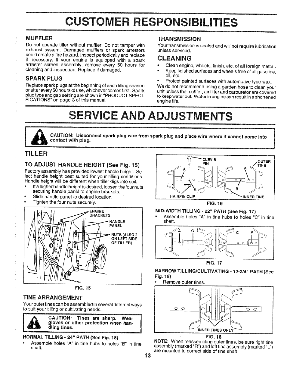 Service and adjustments, Customer responsibilities, Cleaning | Tiller | Poulan 164778 User Manual | Page 13 / 24