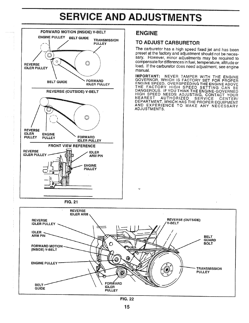To adjust carburetor, Service and adjustments, Engine | Poulan 164778 User Manual | Page 15 / 24