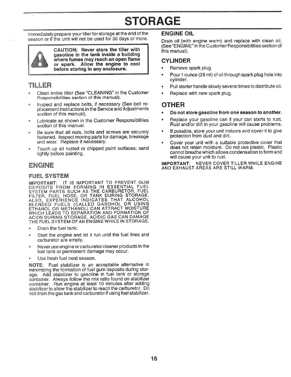Storage, Engine, Other | Poulan 164778 User Manual | Page 16 / 24