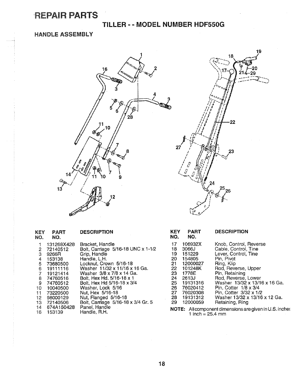 Repair parts, Tiller - - lyiodel number hdf550g, Handle assembly | Poulan 164778 User Manual | Page 18 / 24