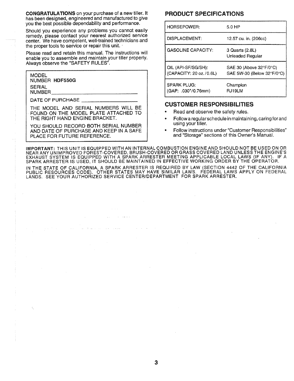 Product speciffcations, Customer responsibilities | Poulan 164778 User Manual | Page 3 / 24