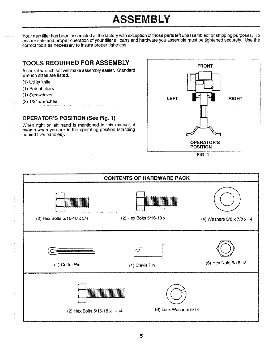 Operator’s pgsition (see fig. 1), Contents of hardware pack, Q1ieih | Assembly | Poulan 164778 User Manual | Page 5 / 24