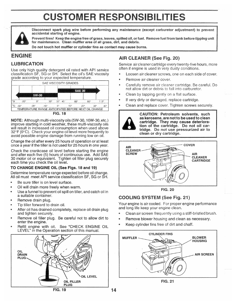 Engine, Air cleaner (see fig. 20), Cooling system (see fig. 21) | Customer responsibilities | Poulan CHDR500D User Manual | Page 14 / 28