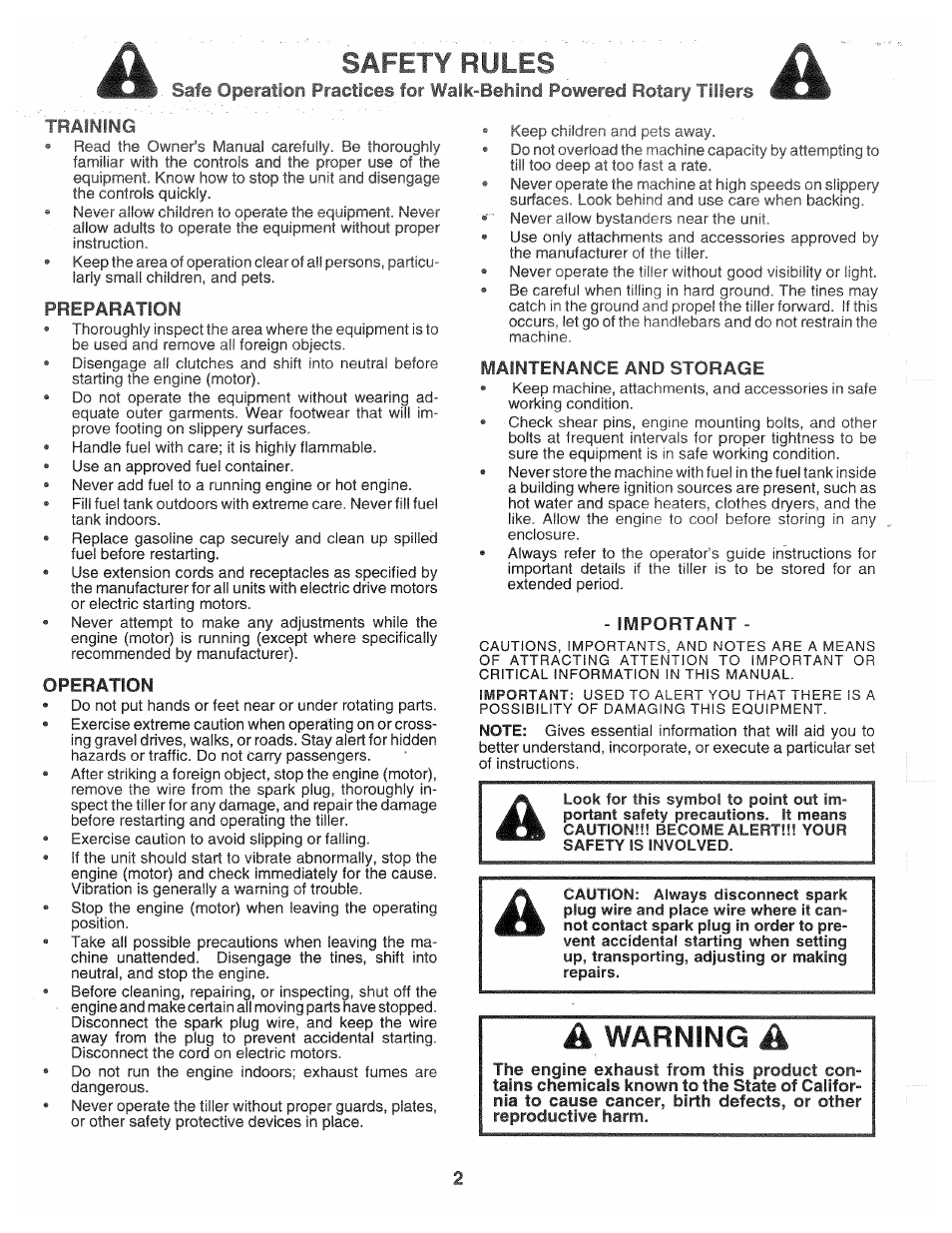 Training, Operation, Maintenance and storage | Important, Safety rules, Warning | Poulan CHDR500D User Manual | Page 2 / 28