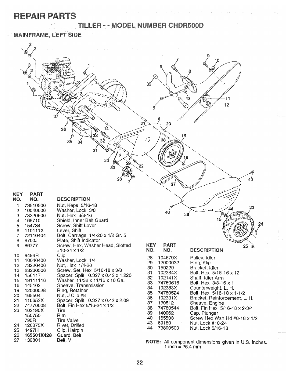 Tiller - - model number chdr500d, Mainframe, left side, Repair parts | Poulan CHDR500D User Manual | Page 22 / 28