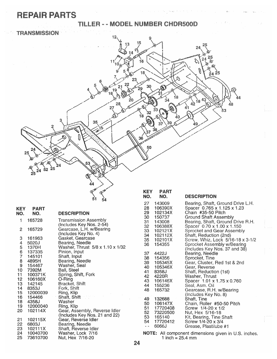 Tramsmission, Repair parts, Tiller - - model number chdr500d | Poulan CHDR500D User Manual | Page 24 / 28