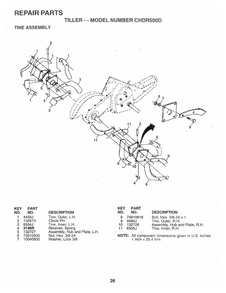 Tine assembly, Repair parts, Tiller -- model number chdr500d | Poulan CHDR500D User Manual | Page 26 / 28