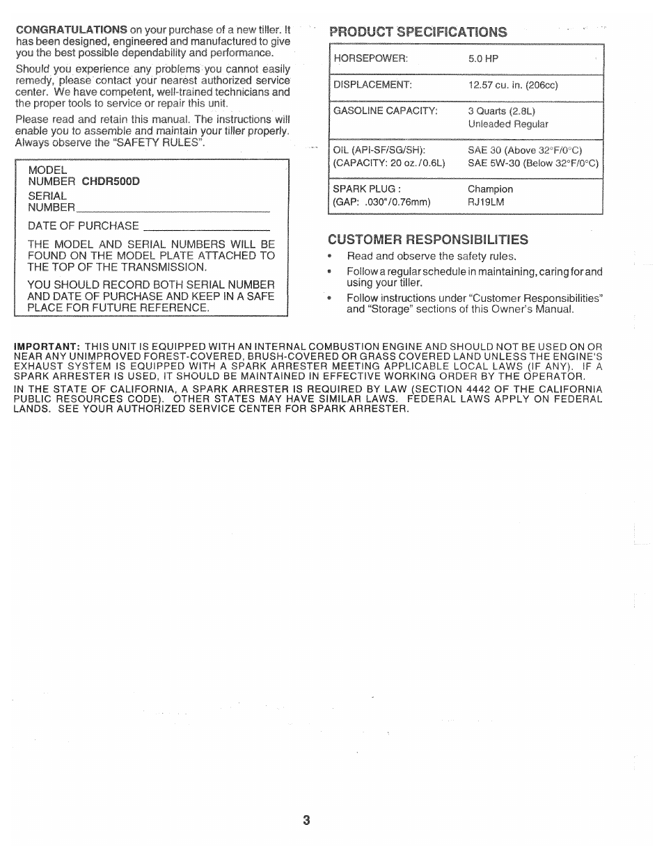 Product specifications, Customer responsibilities | Poulan CHDR500D User Manual | Page 3 / 28