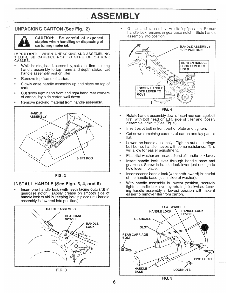 Unpacking carton (see fig. 2), Install handle (see figs. 3, 4, and 5), Assembly | Poulan CHDR500D User Manual | Page 6 / 28