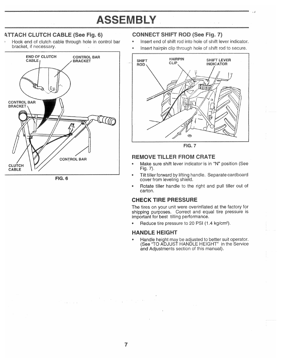 Connect shift rod (see fig. 7), Remove tiller from crate, Check tire pressure | Handle height, Assembly | Poulan CHDR500D User Manual | Page 7 / 28