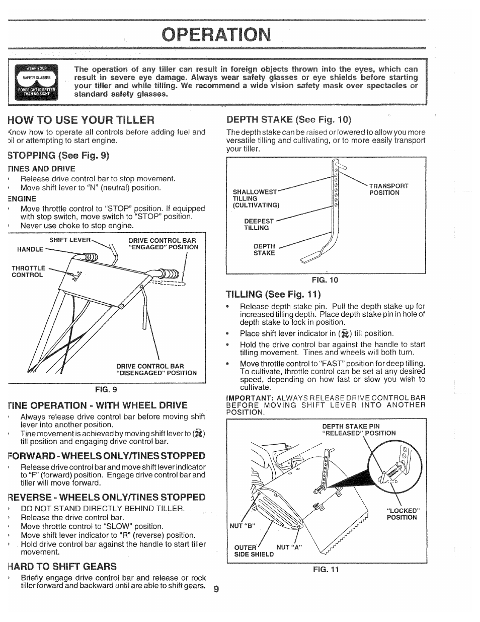 How to use your tiller, Depth stake (see fig. 10), Operation | Poulan CHDR500D User Manual | Page 9 / 28