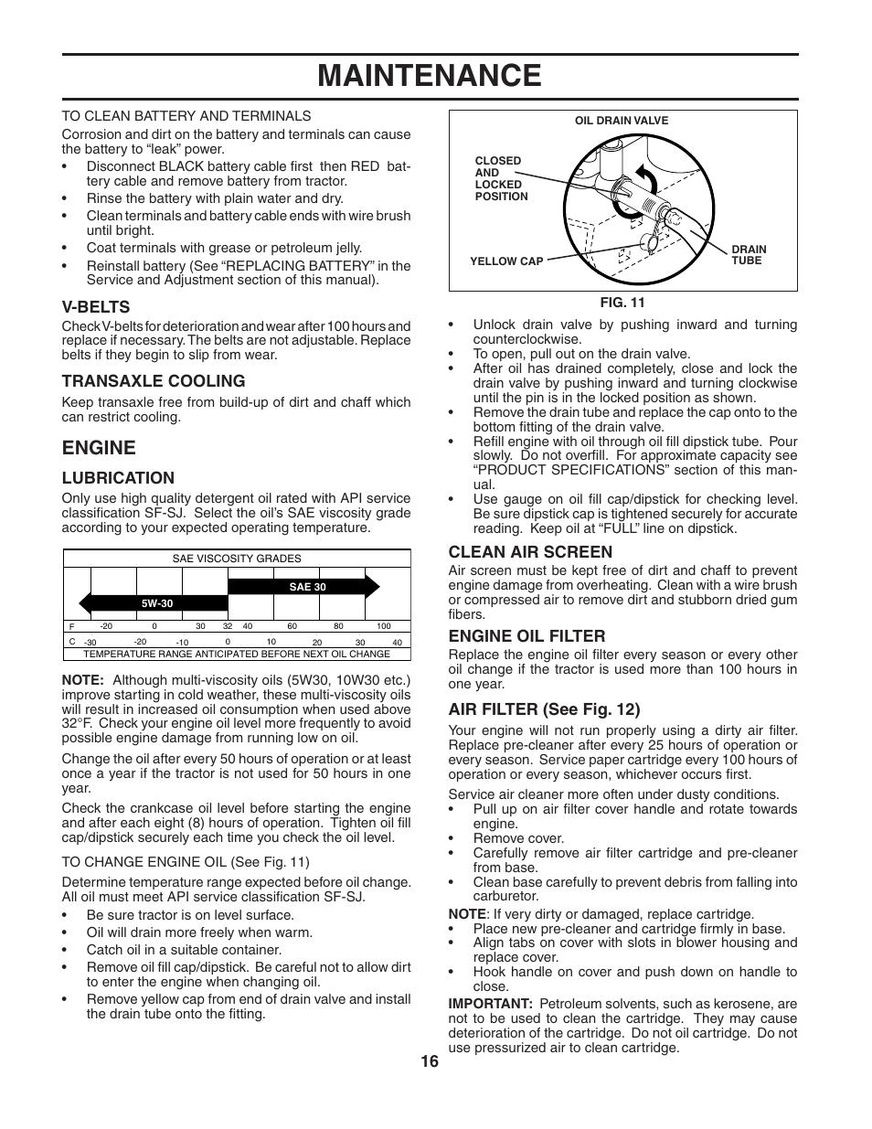 Maintenance, Engine, V-belts | Transaxle cooling, Lubrication, Air filter (see fig. 12), Clean air screen, Engine oil filter | Poulan 186890 User Manual | Page 16 / 48