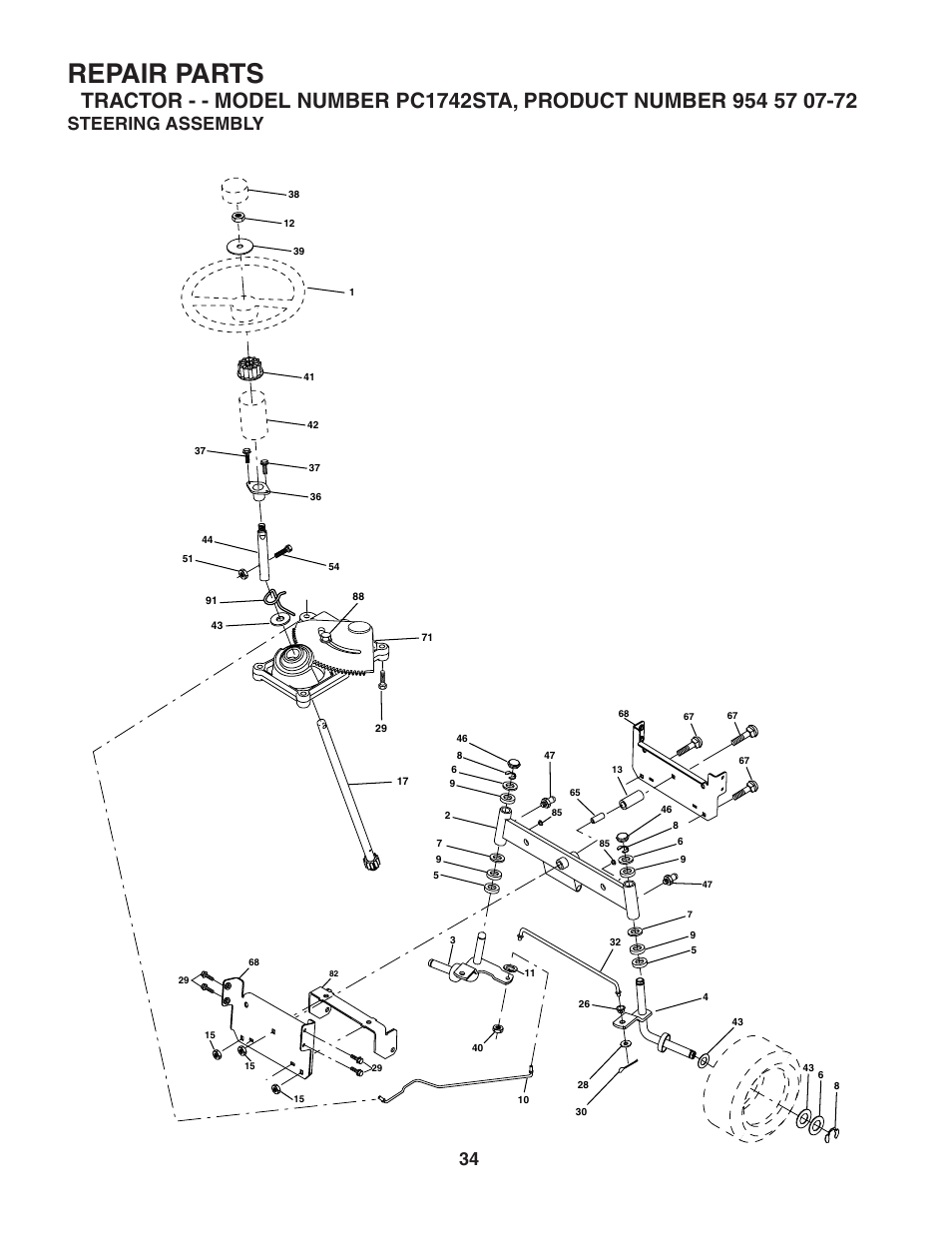 Repair parts, Steering assembly | Poulan 186890 User Manual | Page 34 / 48