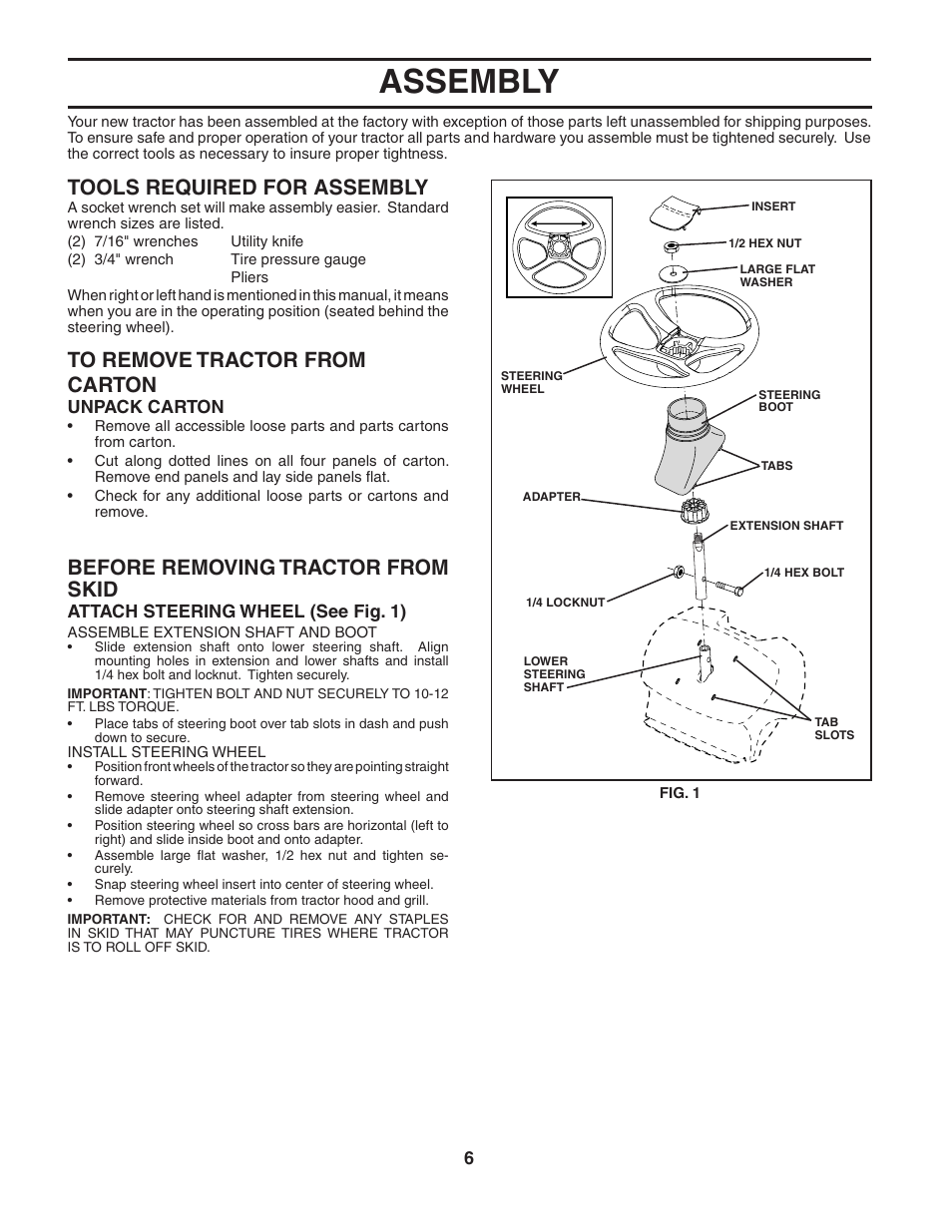 Assembly, Tools required for assembly, Before removing tractor from skid | Unpack carton, Attach steering wheel (see fig. 1) | Poulan 186890 User Manual | Page 6 / 48