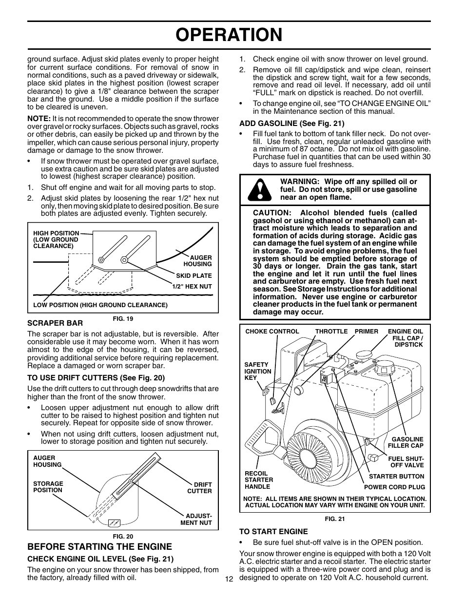 Operation, Before starting the engine | Poulan Pro PP1130ES SNOW THROWER User Manual | Page 12 / 32