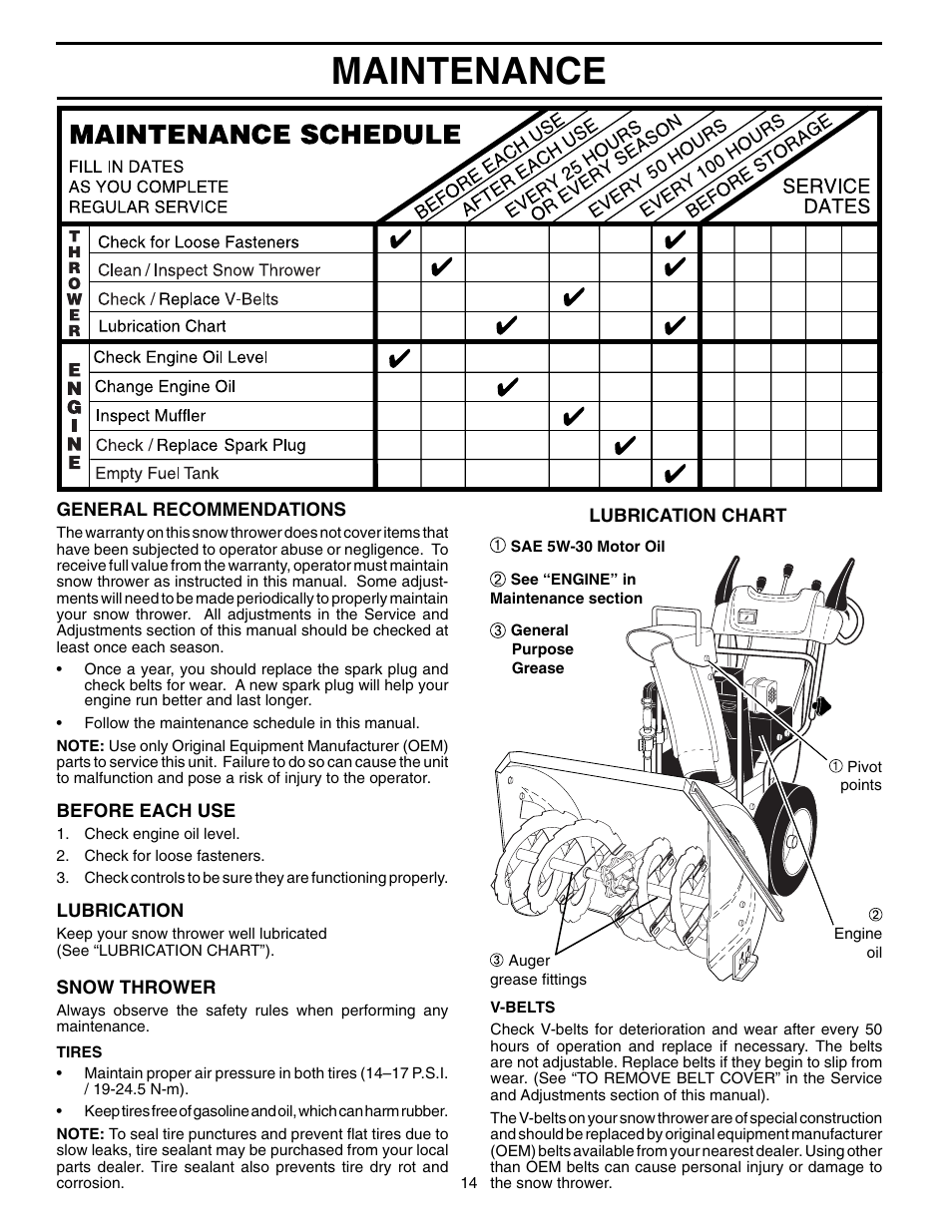 Maintenance | Poulan Pro PP1130ES SNOW THROWER User Manual | Page 14 / 32