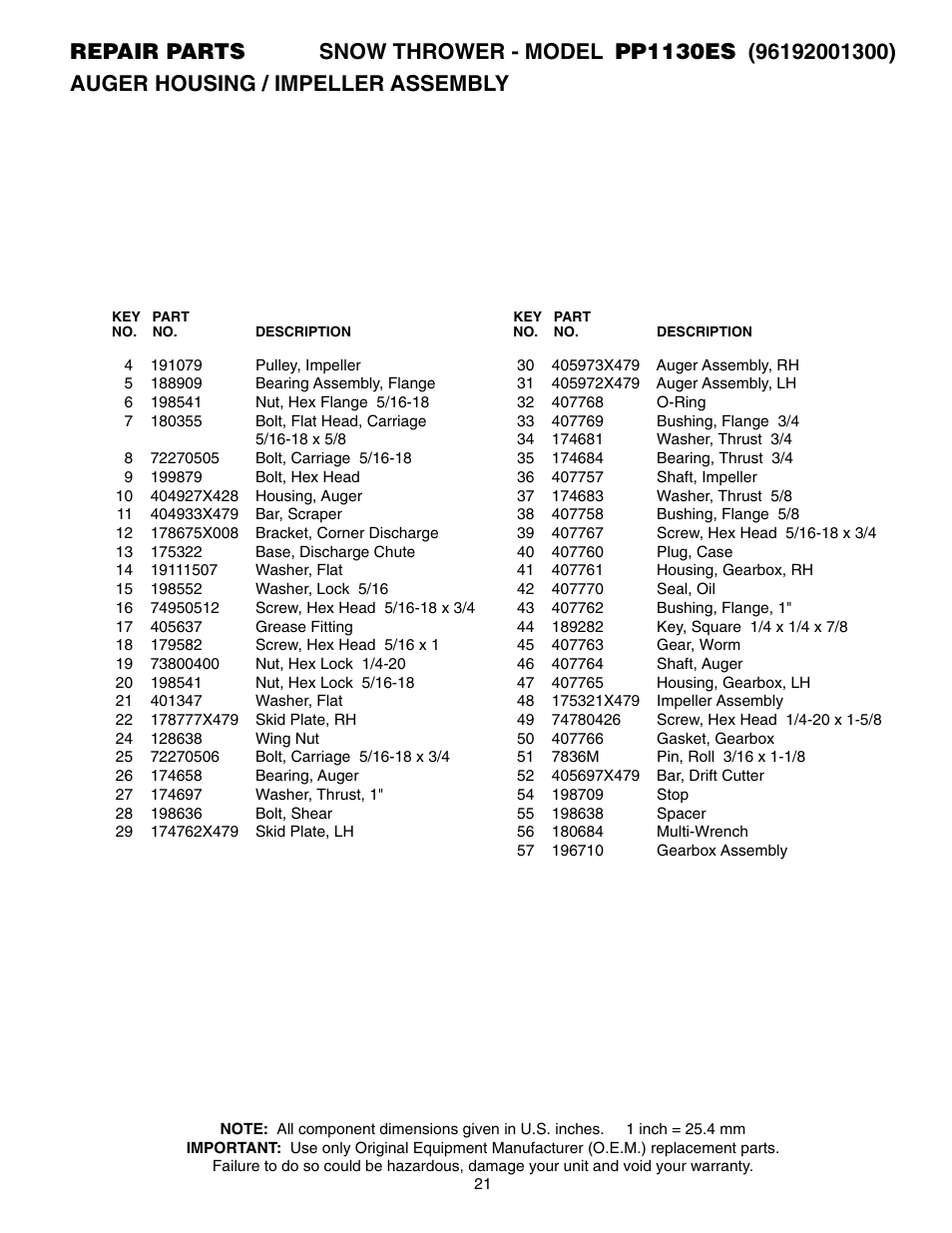 Poulan Pro PP1130ES SNOW THROWER User Manual | Page 21 / 32