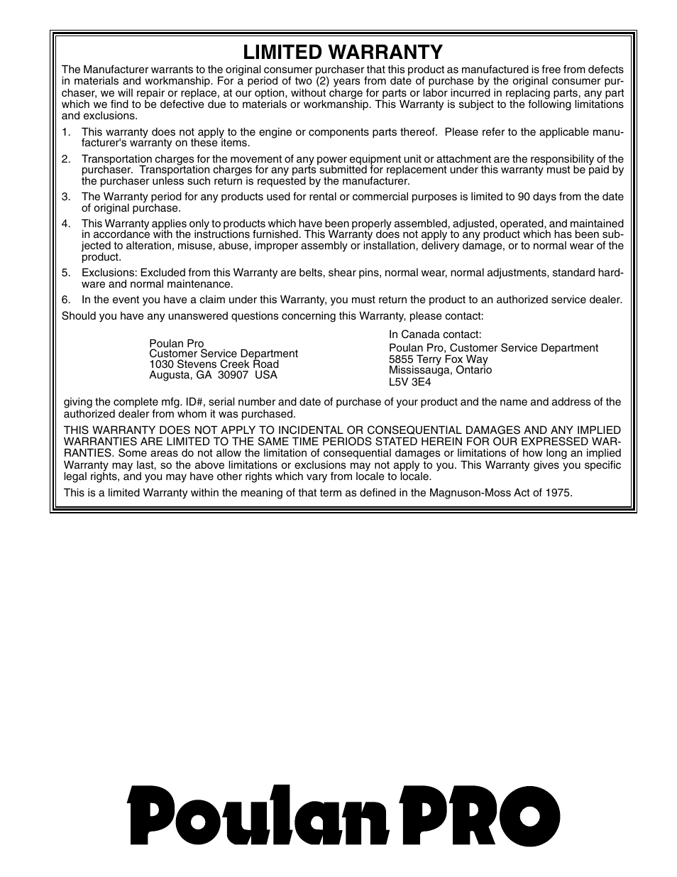 Limited warranty | Poulan Pro PP1130ES SNOW THROWER User Manual | Page 32 / 32